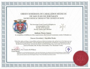 Dr. Anthony B. James SMOKH Ordained Deacon (Licentiate) Certificate