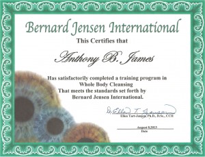 Bernard Jensen International awards Dr. Anthony B. James Whole Body Cleanse Certificate