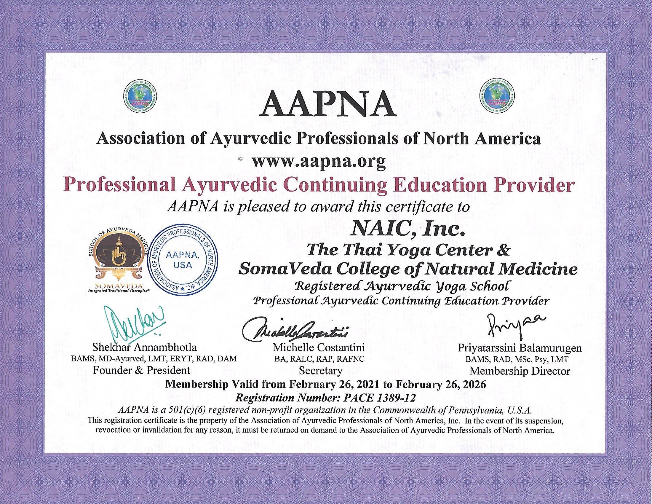 AAPNA PACE School Certificate The Thai Yoga Center